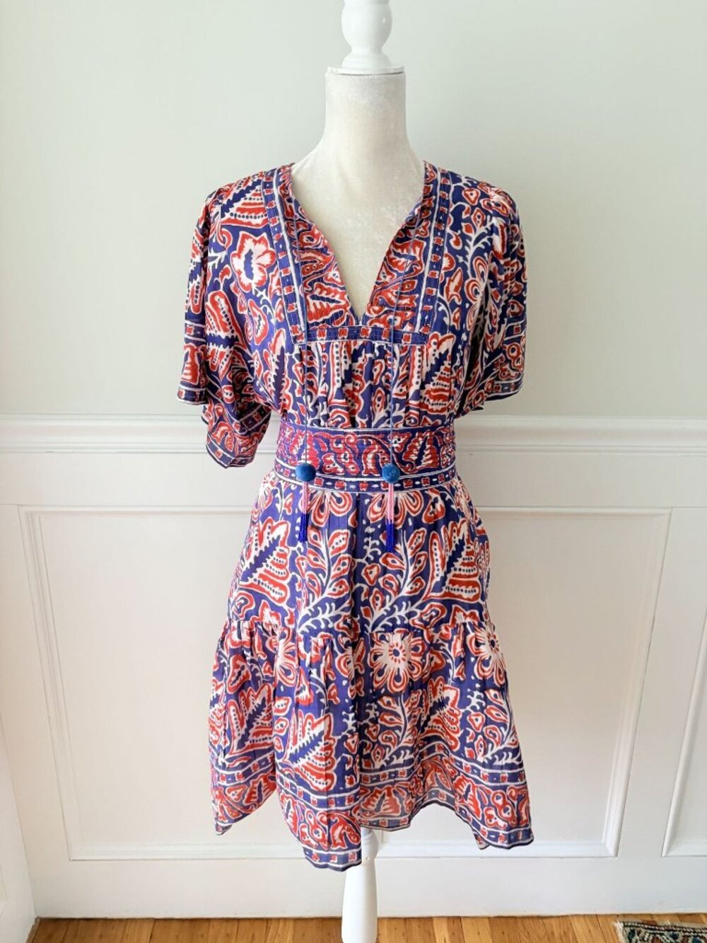 Alicia Bell Red & Blue Tie Waist Dress EUC XL Silk Cotton Blend